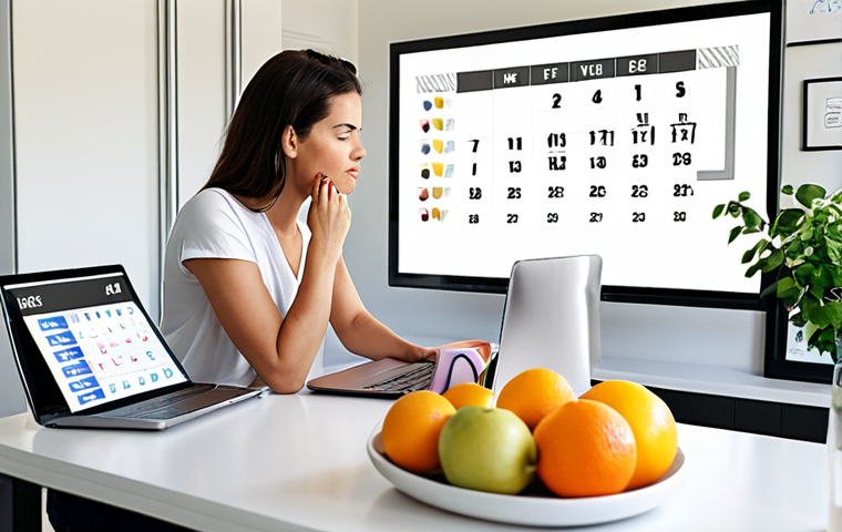 **
Prompt: A freelancer working at a laptop in a bright, modern home office. A balanced schedule displayed on a nearby whiteboard showing time blocks for focused work, breaks, exercise, and family time. Healthy food visible nearby (fruit, water). The overall feeling is organized and calm.
**