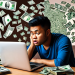 **

A freelancer looking stressed at their laptop, surrounded by open social media tabs, with a thought bubble showing money flying away. The setting should be a typical Malaysian home office setup.

**
