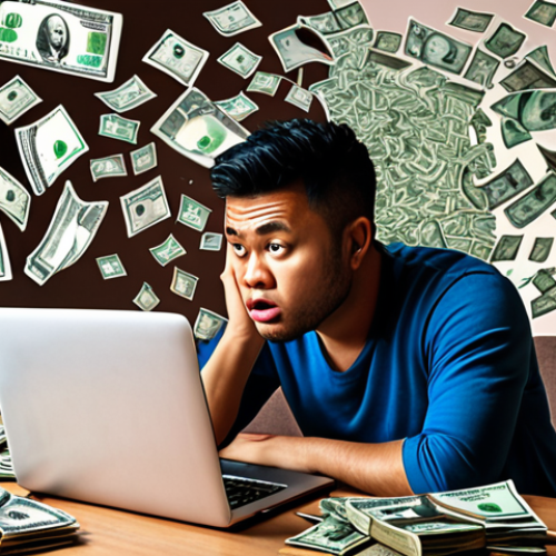 **

A freelancer looking stressed at their laptop, surrounded by open social media tabs, with a thought bubble showing money flying away. The setting should be a typical Malaysian home office setup.

**
